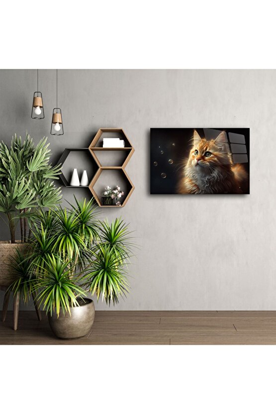 Kabarcıklara Bakan Turuncu Kedi Cam Tablo