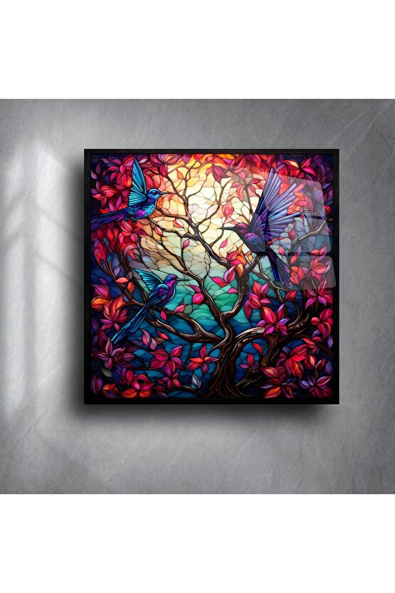 Hummingbird ve Kırmızı Yapraklı Lüks Vitray Tablo