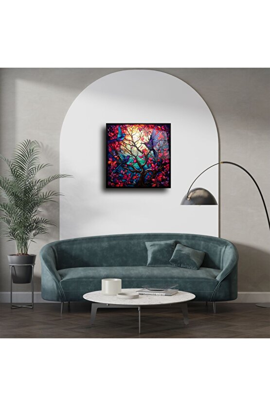 Hummingbird ve Kırmızı Yapraklı Lüks Vitray Tablo