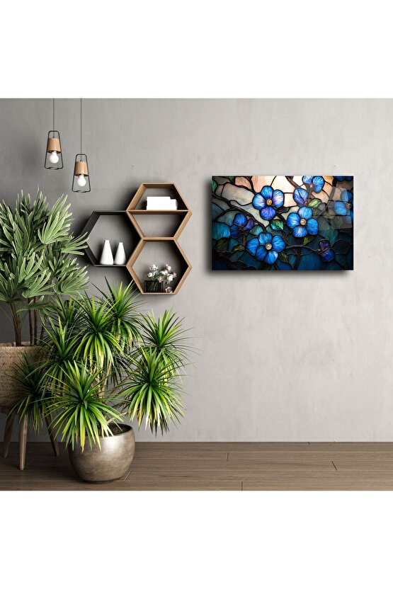 Mavi Çiçekli Vitray Cam Tablo