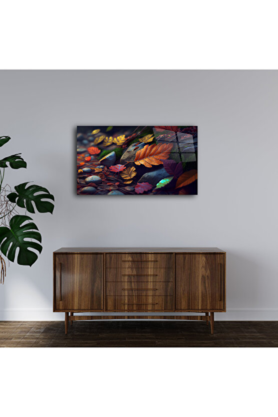 Renkli Yapraklar ve Taşlar Cam Tablo Duvar Dekoru