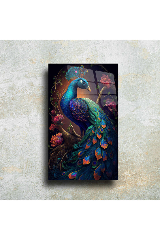 Mavi Tavus Kuşu Cam Tablo Duvar Dekoru