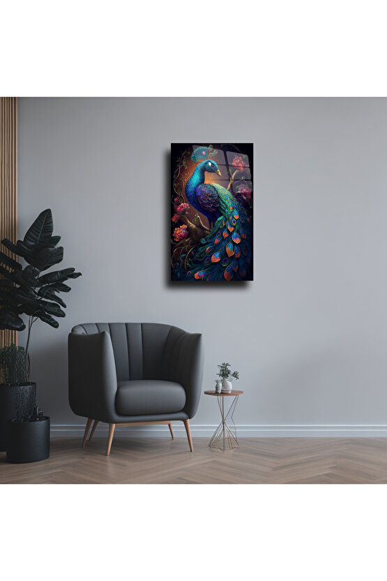 Mavi Tavus Kuşu Cam Tablo Duvar Dekoru