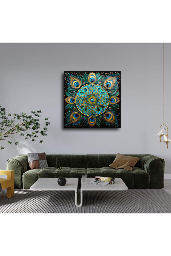 Tavus Kuşu Tüyü Mandala Cam Tablo Duvar Dekoru