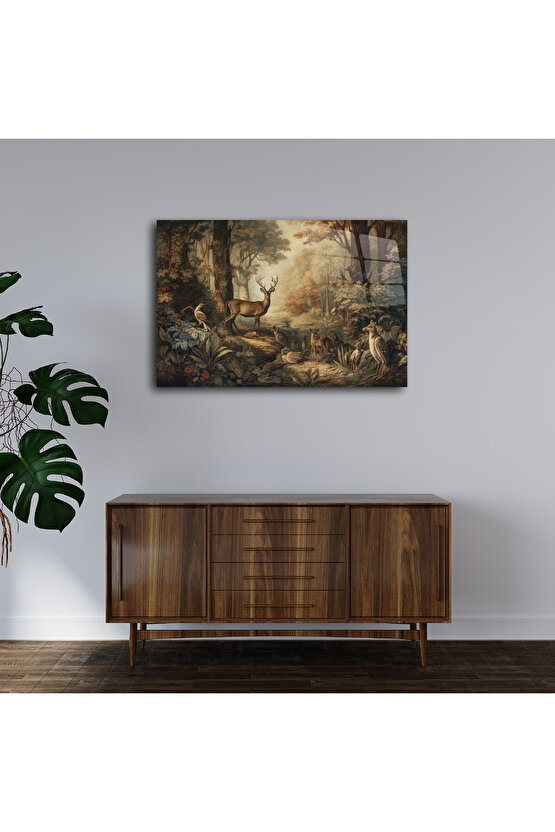 Geyik ve Orman Manzarası Cam Tablo Duvar Dekoru