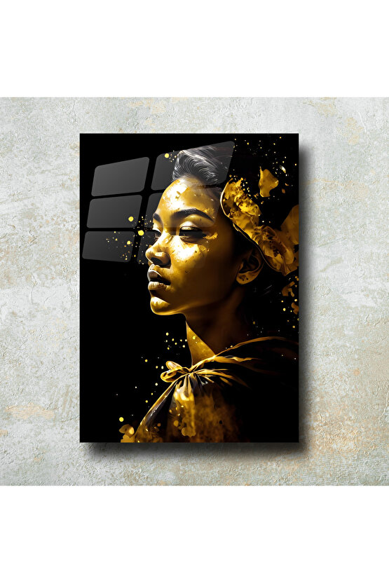 Gold Kadın Görseli Cam Tablo Duvar Dekoru 3