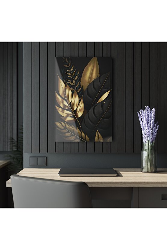Gold Altın Renkli Yapraklar Cam Tablo Duvar Dekoru 2