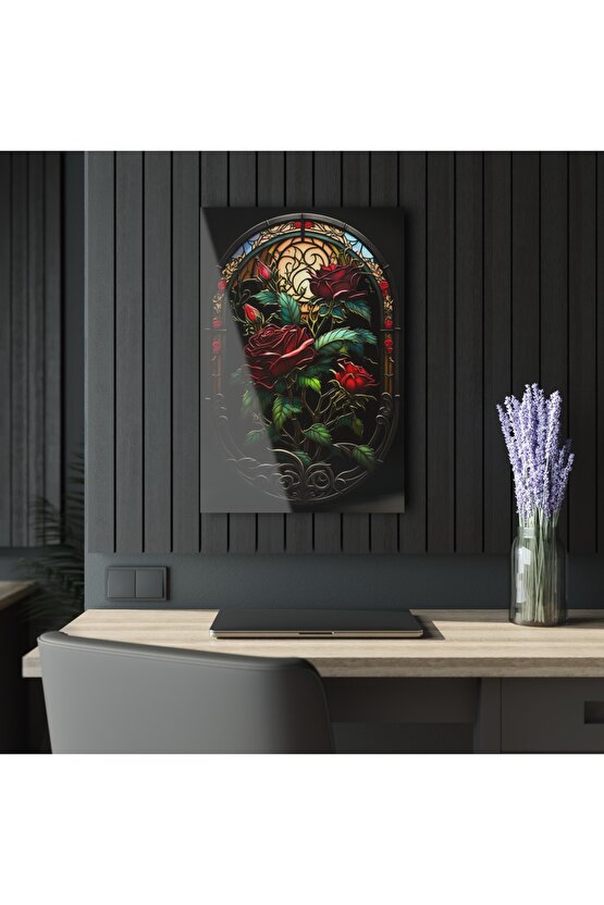 3D Boyutlu Gül Cam Tablo Duvar Dekoru