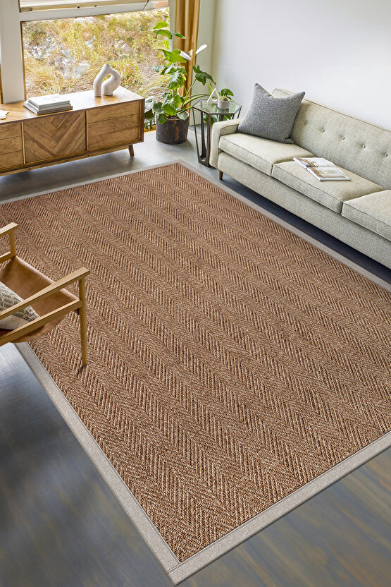 0503-Bej Kumaş Bordür Sisal Halı Kilim Hav Toz Vermez Kolay Temizlenen Hasır Kilim