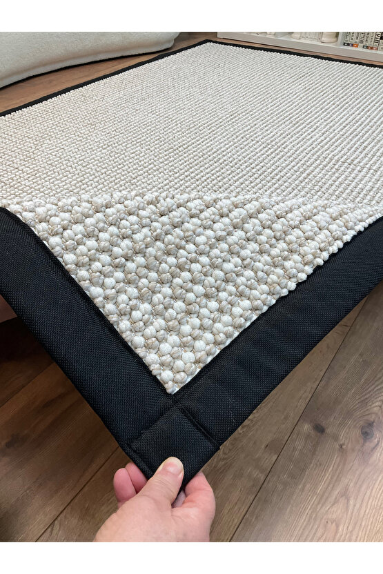 Macro Kumaş Bordür Bej Bukle Siyah Bordür Halı Salon Koridor Mutfak Halısı Kilim S263