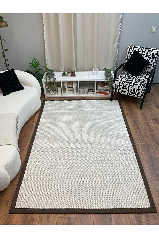 Kumaş Bordür Beyaz Bukle Kahve Bordür  Halı Salon Koridor Mutfak Çocuk Odası Halısı  Kilim S257