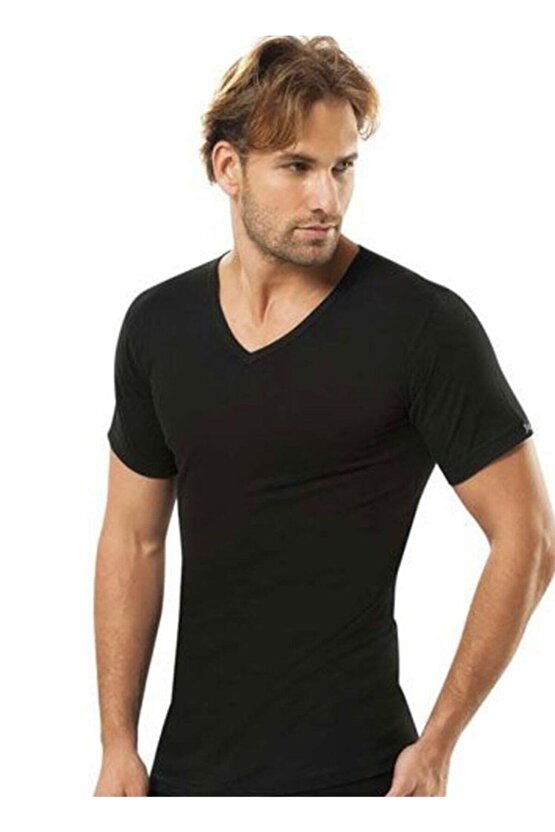 Erkek 6lı Siyah V Yaka Yarım Kol Fanila Atlet 112