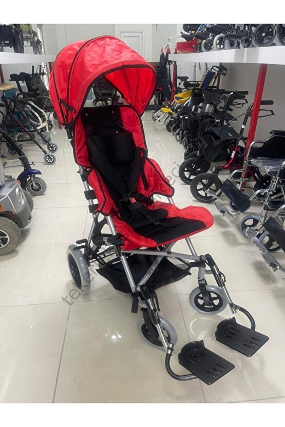 Pediatrik Baston Puset Kırmızı|Alüminyum Şase,Katlanır Kasa,Quick Release Teker DM-BOSS