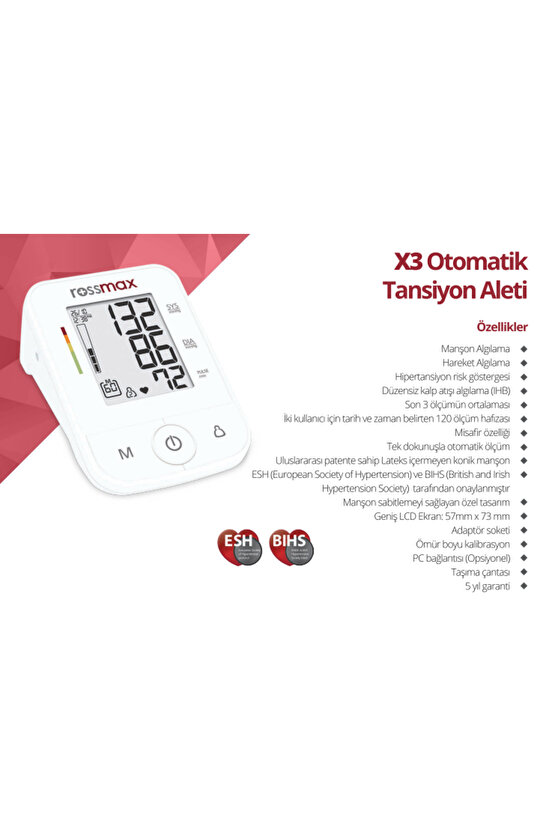 X3 Üst Kol Tipi Otomatik Tansiyon Aleti 5 Yıl Garantili