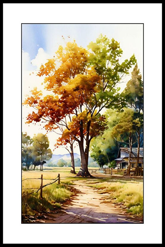 Ağaçlı Köy Yolu Digital Art ( ÇERÇEVESİZ - ÇERÇEVE YOKTUR ) ( ULTRA HD ) FOLYO AFİŞ - POSTER