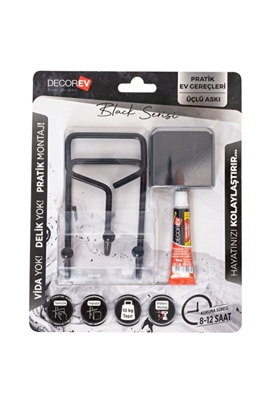 Decorev Süper Yapışkanlı Metal Yapıştırıcılı Siyah Üçlü Askı Dc-5054