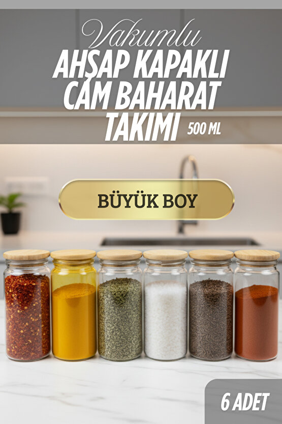 6 Adet Ahşap Kapaklı Büyük Boy Cam Baharatlık
