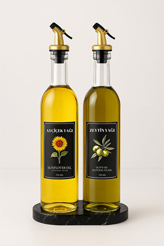 Mermer Desenli Akrilik Standlı 2li Yağ Şişesi 750 ml Zeytinyağ Sıvıyağ Şişesi Şeffaf Cam Yağdanlık