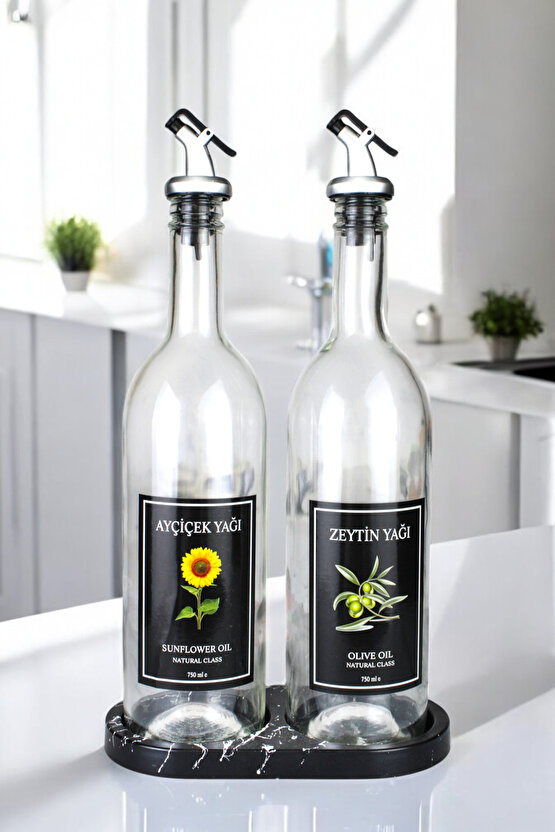 Mermer Desenli Akrilik Standlı 2li Yağ Şişesi 750 ml  Zeytinyağ Sıvıyağ Şişesi Şeffaf Cam Yağdanlık