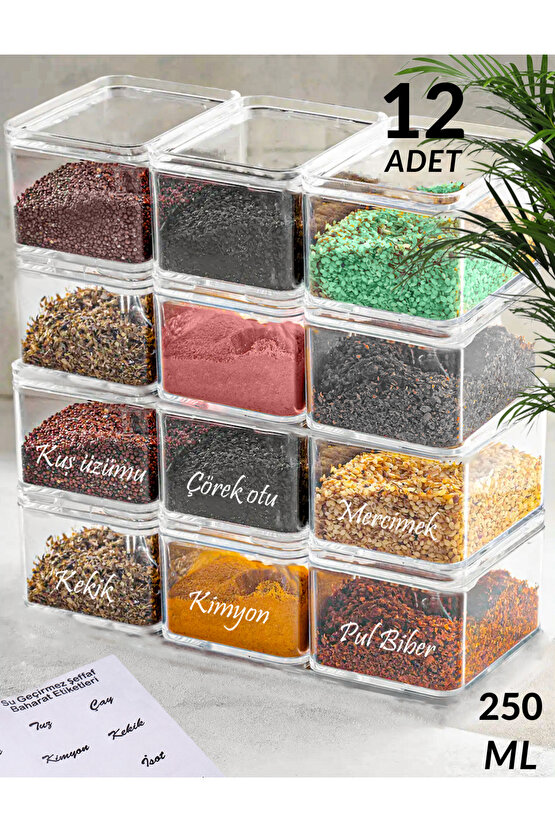 12li 250 ml Akrilik Baharatlık Seti Saklama Kabı (ŞEFFAF ETİKET HEDİYELİ)