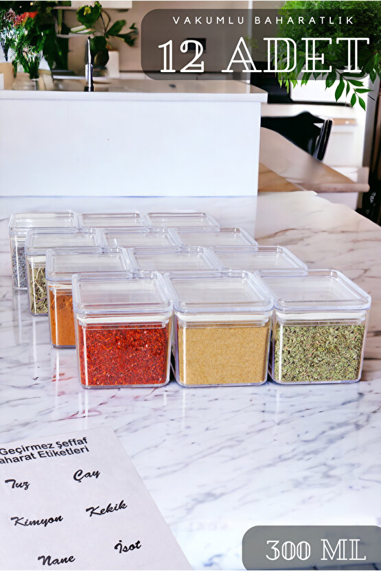 12li 250 ml Akrilik Baharatlık Seti Saklama Kabı (ŞEFFAF ETİKET HEDİYELİ)