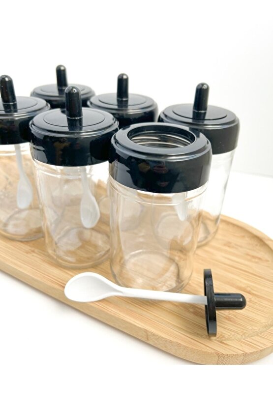 Kendinden Kaşıklı 6lı Baharat Takımı Siyah Kapaklı