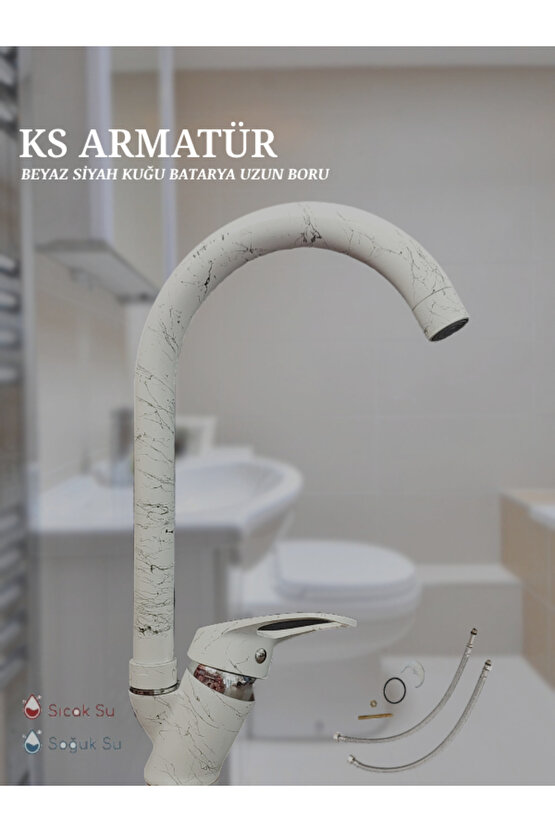 Kuğ Beyaz Siyah Mutfak&Lavabo Batarya Uzun Boru