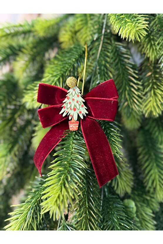 Bordo Kadife Ağaç Süslü Fiyonk, 5li Paket, Şık ve Zarif Dekoratif Aksesuar