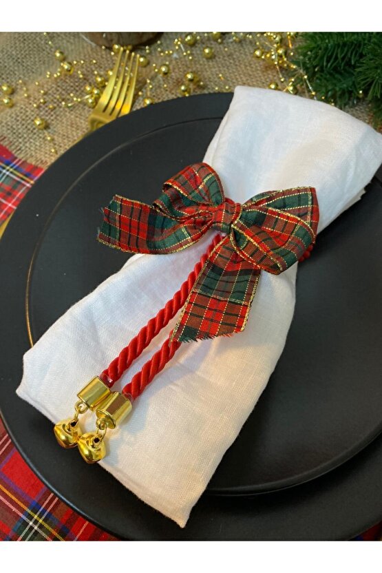 6lı Set Ekose Fiyonklu Yılbaşı Noel Temalı Peçete Halkası