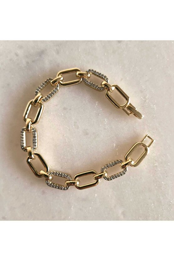 14K Altın Kaplama Kuyumcu Model Taşlı Gold Bileklik