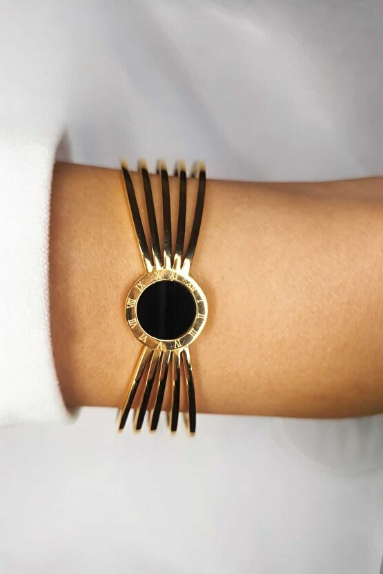 Altın Renk Romen Rakam Figürlü Çelik Kelepçe Bileklik