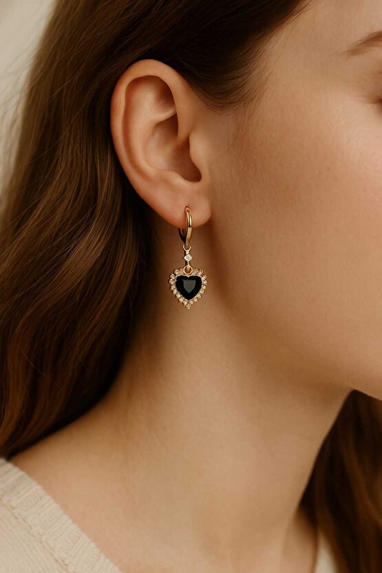 Siyah Zirkon Taşlı Gold Küpe