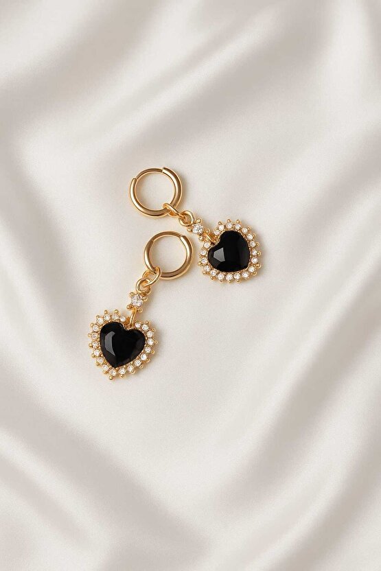 Siyah Zirkon Taşlı Gold Küpe