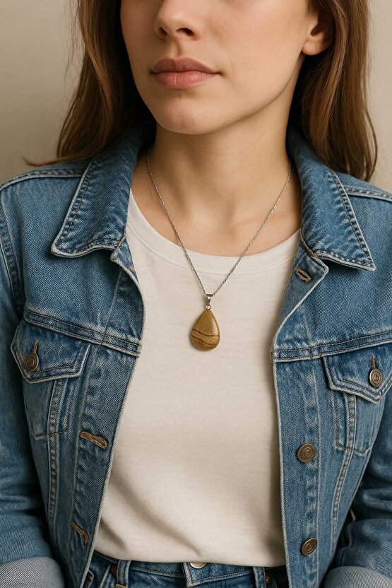 Doğal Jasper Taşı Oval Çelik Kolye