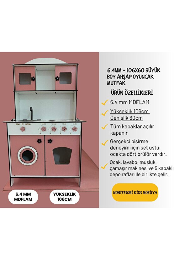Büyük Boy Ahşap Oyuncak Mutfak Seti, 6.4mm 106x60cm, Montessori Mutfak, Çamaşır Makinalı