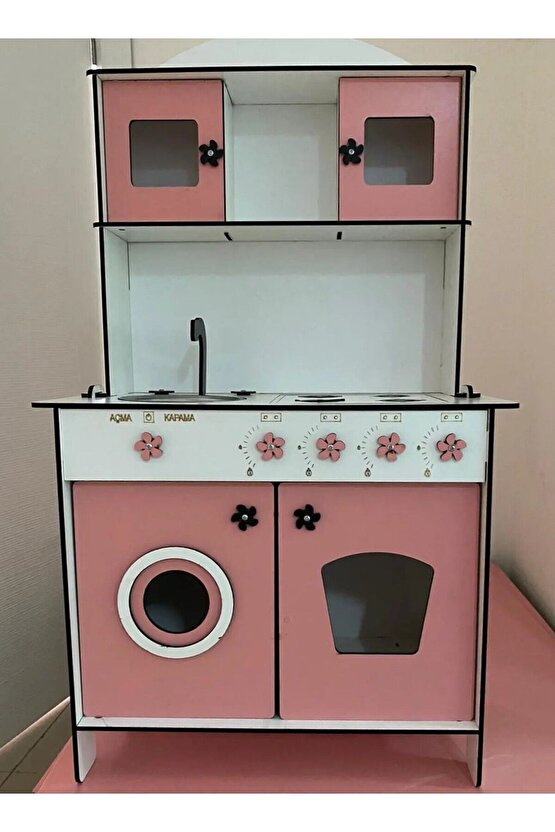 Büyük Boy Ahşap Oyuncak Mutfak Seti, 6.4mm 106x60cm, Montessori Mutfak, Çamaşır Makinalı