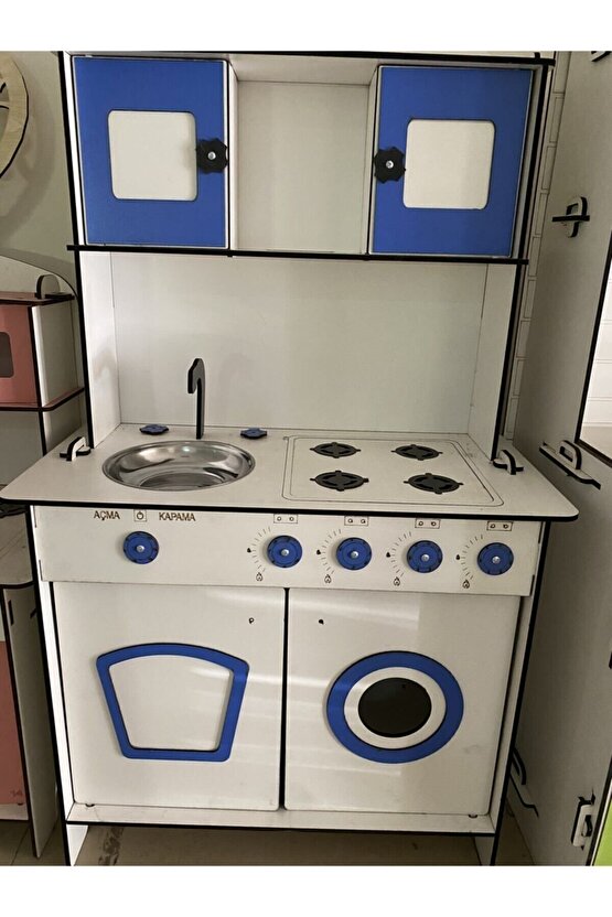 Oyuncak Mutfak, Büyük Boy Ahşap Oyuncak Mutfak, Erkek Çocuk Oyuncak Mutfak Seti, Mavi