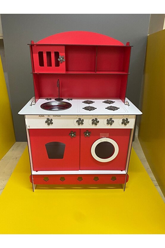 Montessori Eğitici Ahşap Çocuk Oyuncak Mutfak Kırmızı 3 Mm 84x60 Cm
