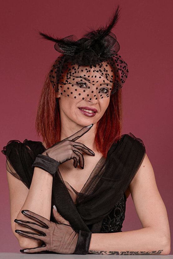 Siyah Puantiyeli Gelin Kepi Nikah Şapkası Ve Manşetli Gelin Eldiveni  Kombin Set