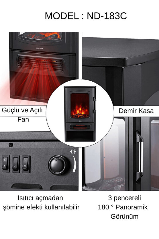 XLarge Elektrikli Şömine & Elektrikli Soba Fanlı Isıtıcı, LED Odun Efekti, Metal Kasa ND-183C