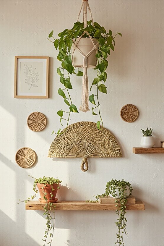 Rattan Hasır Duvar Yelpazesi | El Örgüsü Bohem Dekoratif Duvar Süsü