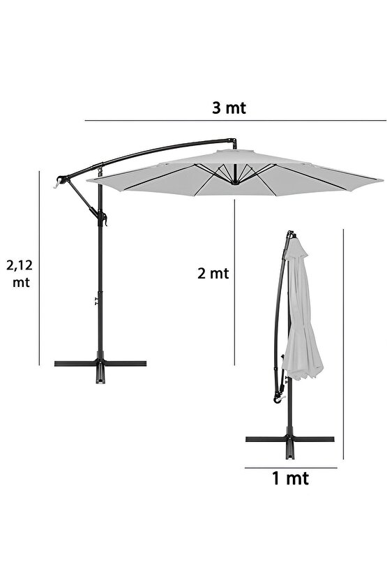 3 Mt 8 Kaburga Full Demir 21 Kg Gri Bahçe Şemsiyesi
