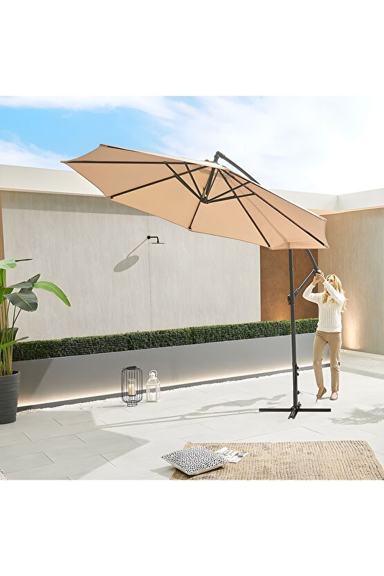3 Mt 8 Kaburga Bej Renk Full Demir 21 Kg Bahçe Şemsiyesi Full Set Yerli Üretim Büyük Şemsiye