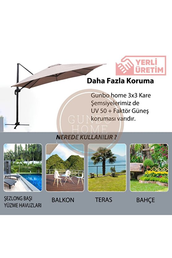 3*3 Kare Bahçe Şemsiyesi Tam Profesyonel 360 Derece Döner Pedallı Güneş Açılı Dış Alan Şemsiyesi