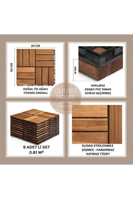 Teak Ağacı Yer Karosu 9 Adet 1 Koli Bahçe Banyo Deck Ahşap Karo Masif Yer Döşemesi Balkon Deck