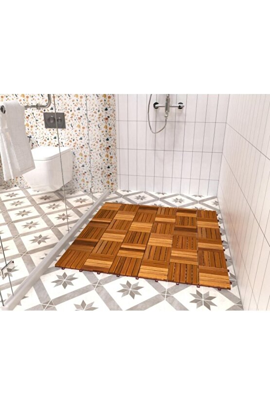 Teak Ağacı Yer Karosu 9 Adet 1 Koli Bahçe Banyo Deck Ahşap Karo Masif Yer Döşemesi Balkon Deck