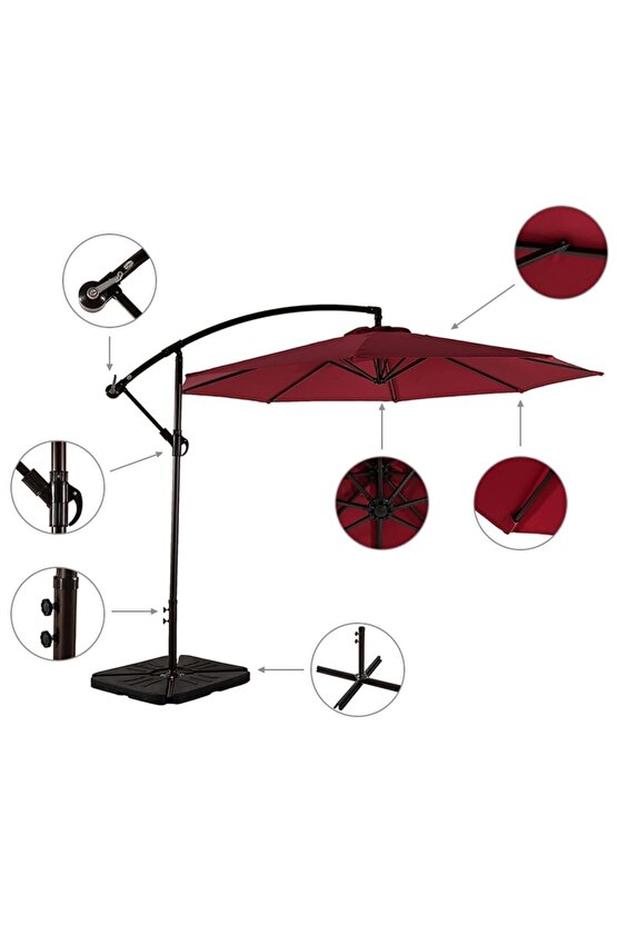 3x3 Bahçe Şemsiyesi Katlanir Bahce Teras Balkon Şemsiyesi Gölgelik Muz Ampul Şemsiye 3 Mt Bordo