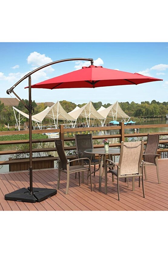 3x3 Bahçe Şemsiyesi Katlanir Bahce Teras Balkon Şemsiyesi Gölgelik Muz Ampul Şemsiye 3 Mt Bordo
