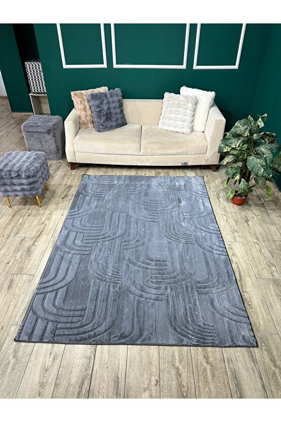 Modern Yumuşak Dokulu Tüy Dökmez Yıkanabilir Tavşan Tüyü Peluş Halı Antrasit