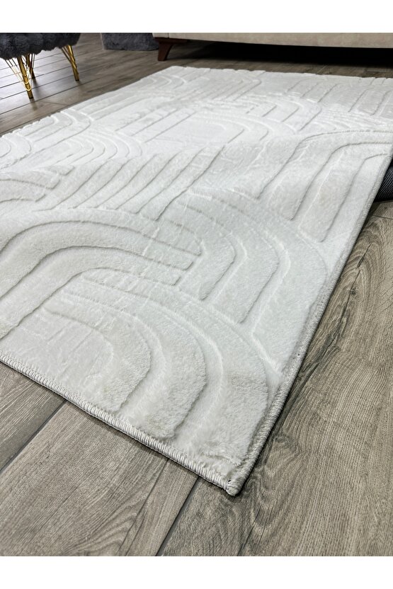 Modern Yumuşak Dokulu Tüy Dökmez Yıkanabilir Tavşan Tüyü Peluş Halı Krem